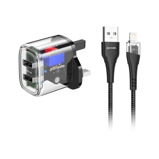 Porodo Transparent Charger 2.4A Auto With Usb-A To Lightning Cable